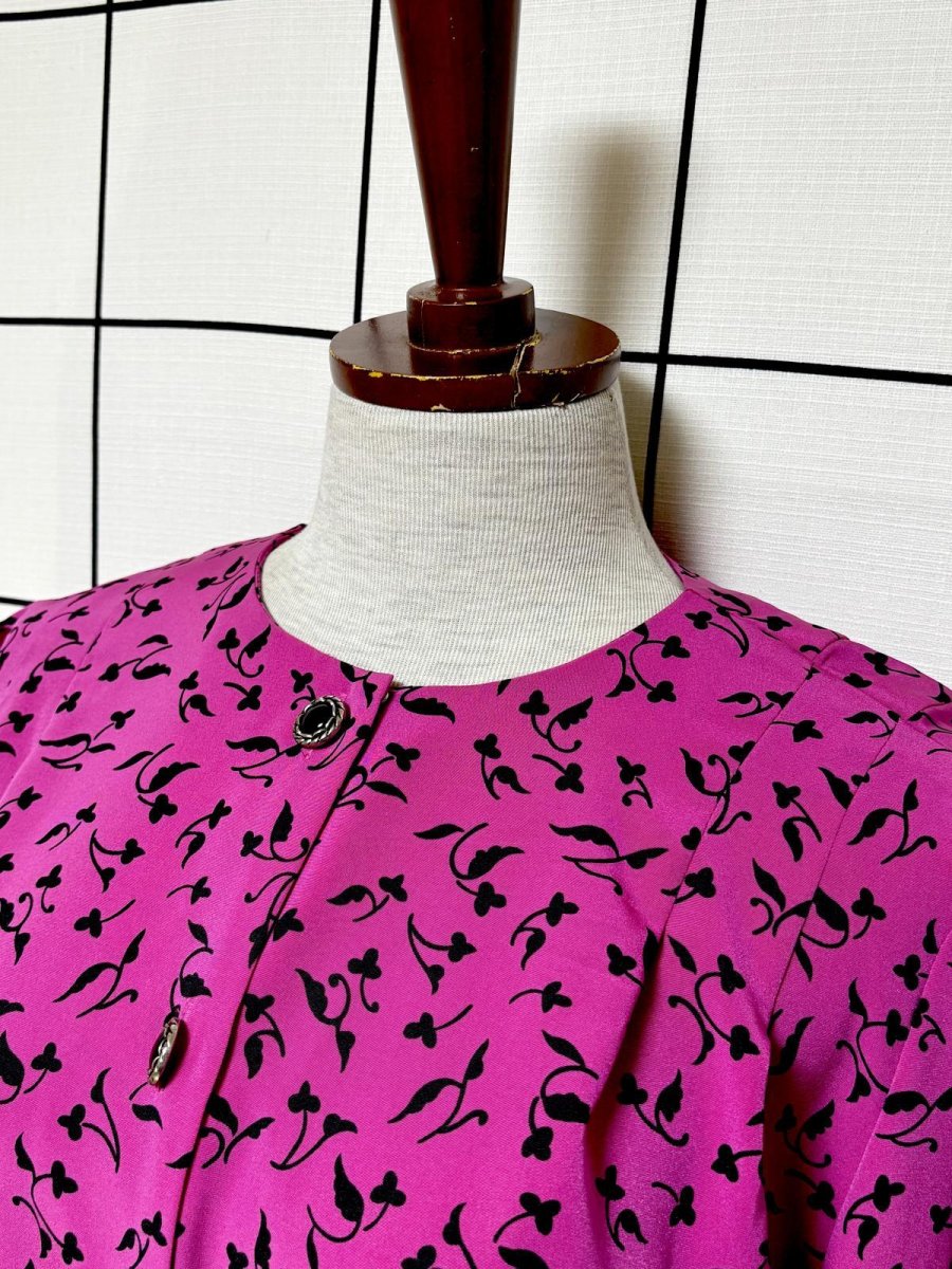 画像4: リーフ柄 前開き ノーカラー レトロ USA古着 ヴィンテージワンピース  (4)