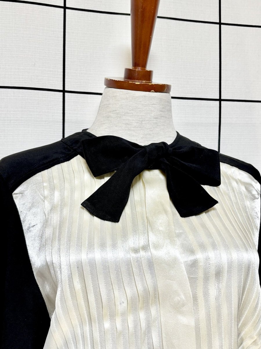 画像5: フロントタック 首元リボン ブラック オフホワイト レトロ USA古着 ヴィンテージワンピース (5)