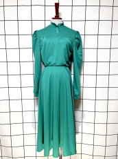 画像1: レース付スタンドカラー グリーン 無地 クラシカル レトロ 長袖 USA古着 ヴィンテージワンピース (1)