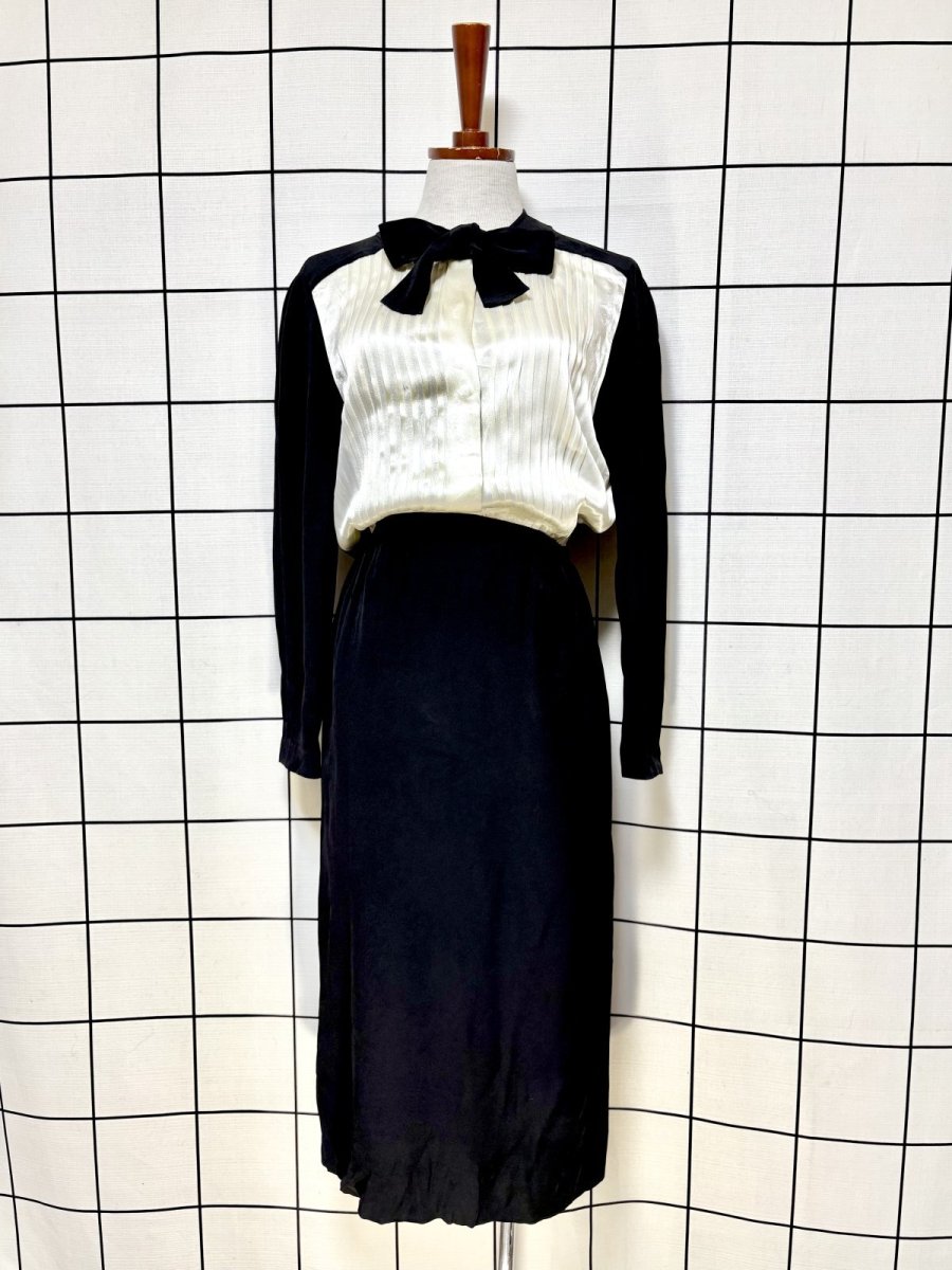 画像1: フロントタック 首元リボン ブラック オフホワイト レトロ USA古着 ヴィンテージワンピース (1)