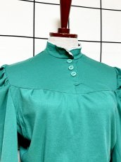 画像5: レース付スタンドカラー グリーン 無地 クラシカル レトロ 長袖 USA古着 ヴィンテージワンピース (5)