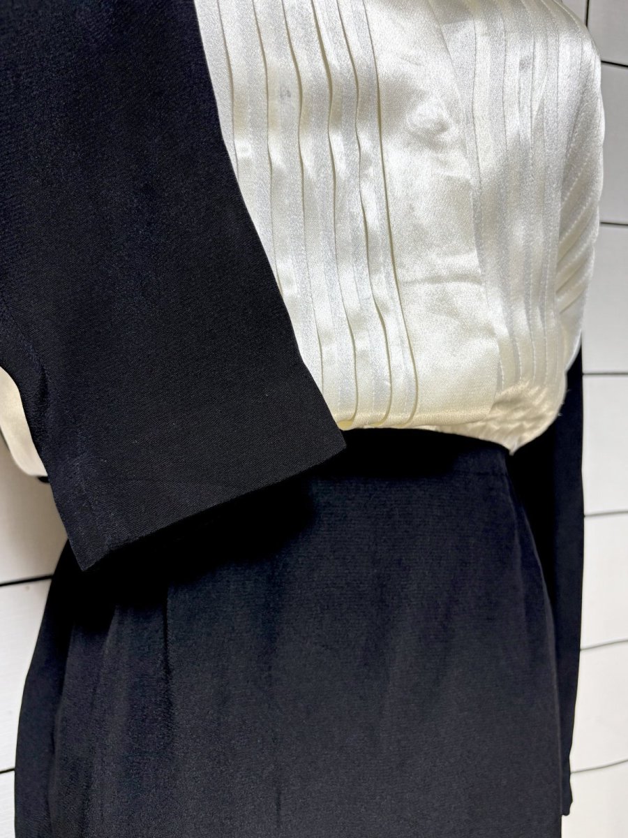 画像7: フロントタック 首元リボン ブラック オフホワイト レトロ USA古着 ヴィンテージワンピース (7)