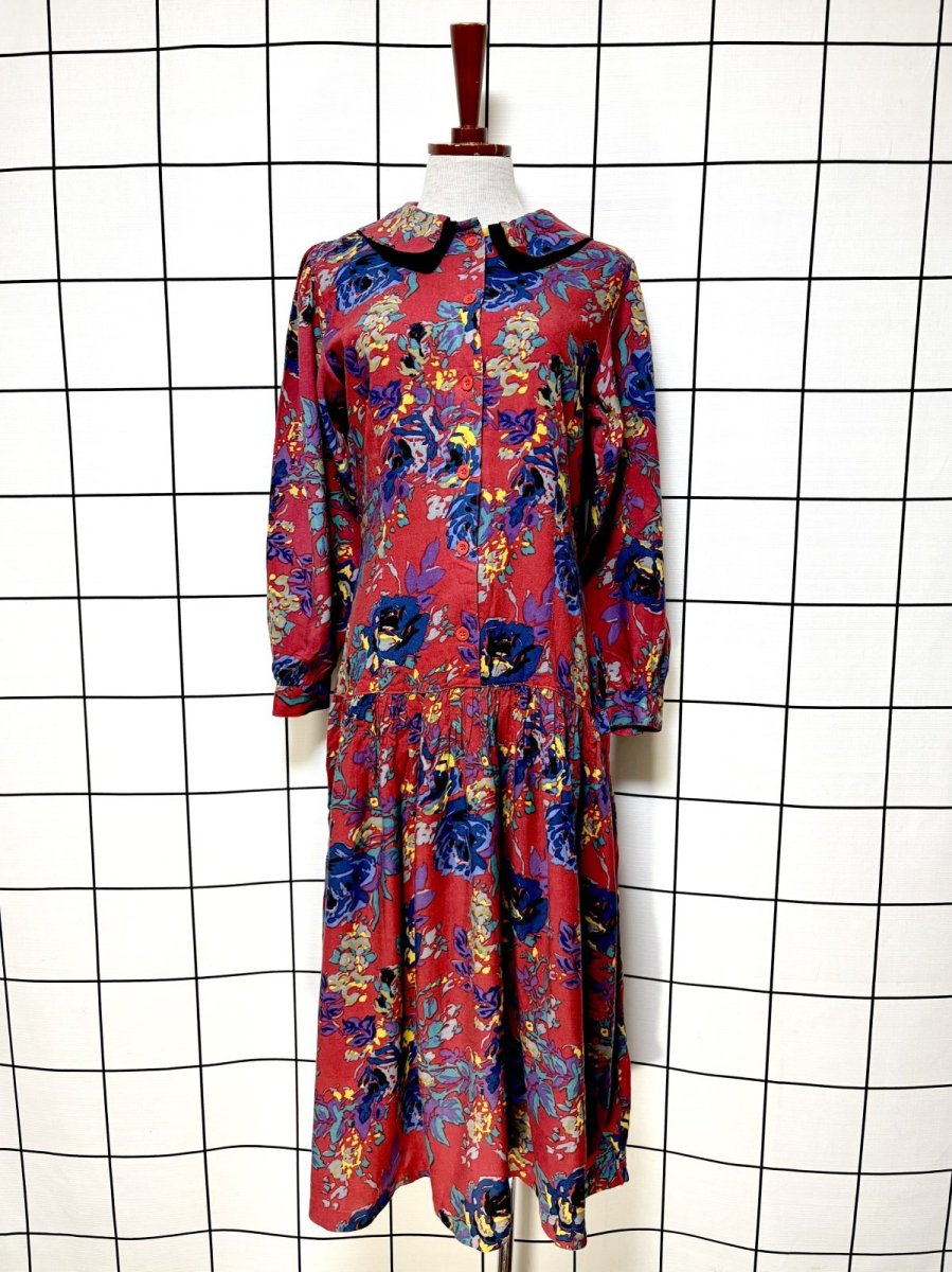 画像1: ダブル襟 花柄 レトロ USA古着 ヴィンテージワンピース (1)