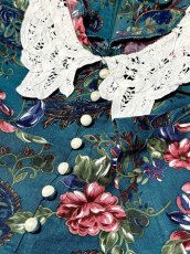 画像11: レース襟 花柄 グリーン レイヤード調 バックリボン レトロ USA古着 ヴィンテージワンピース (11)