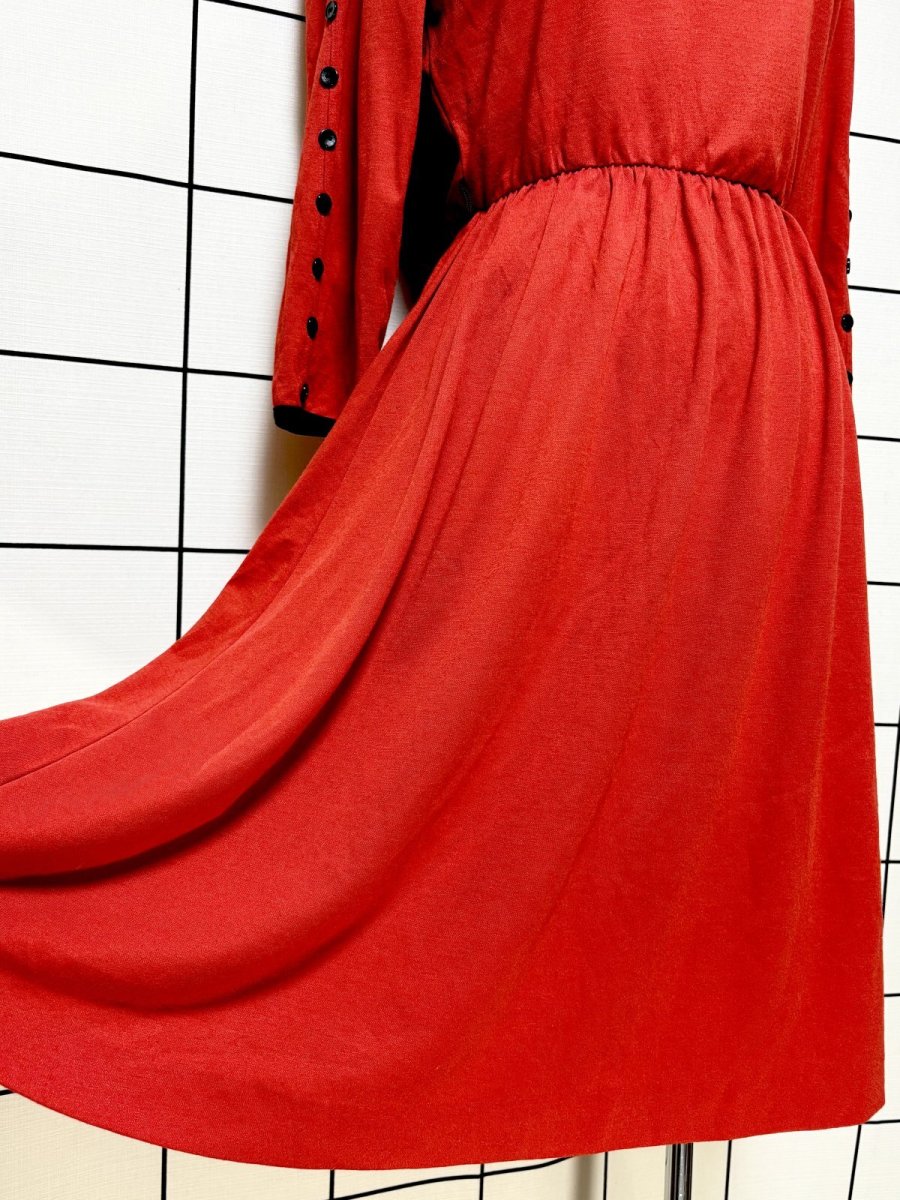 画像9: バイカラー レッド ブラック 袖ボタン TALON ウエストゴム レトロ USA古着 ヴィンテージワンピース (9)