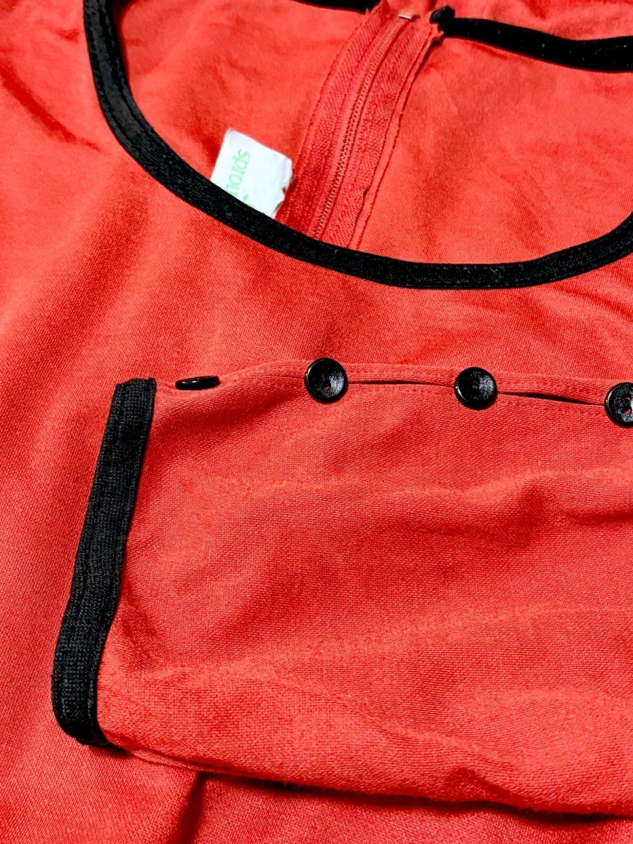 画像10: バイカラー レッド ブラック 袖ボタン TALON ウエストゴム レトロ USA古着 ヴィンテージワンピース (10)