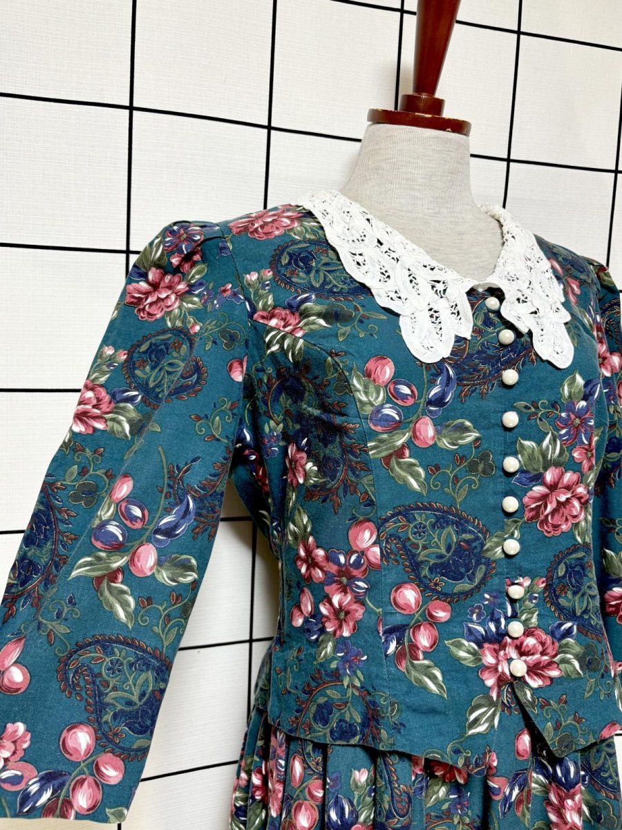 画像7: レース襟 花柄 グリーン レイヤード調 バックリボン レトロ USA古着 ヴィンテージワンピース (7)