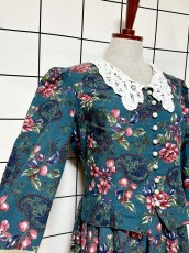 画像7: レース襟 花柄 グリーン レイヤード調 バックリボン レトロ USA古着 ヴィンテージワンピース (7)