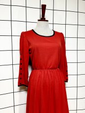 画像3: バイカラー レッド ブラック 袖ボタン TALON ウエストゴム レトロ USA古着 ヴィンテージワンピース (3)