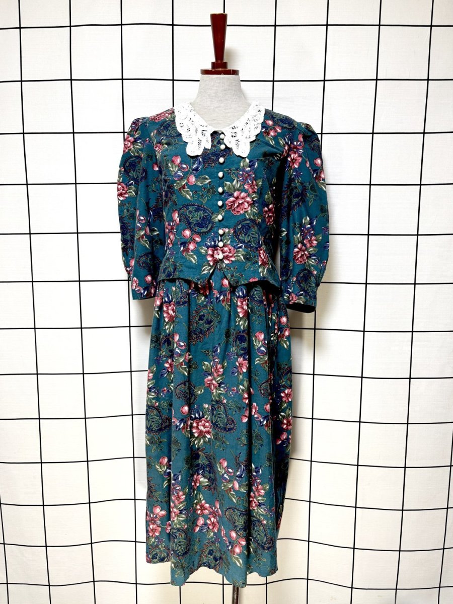 画像1: レース襟 花柄 グリーン レイヤード調 バックリボン レトロ USA古着 ヴィンテージワンピース (1)