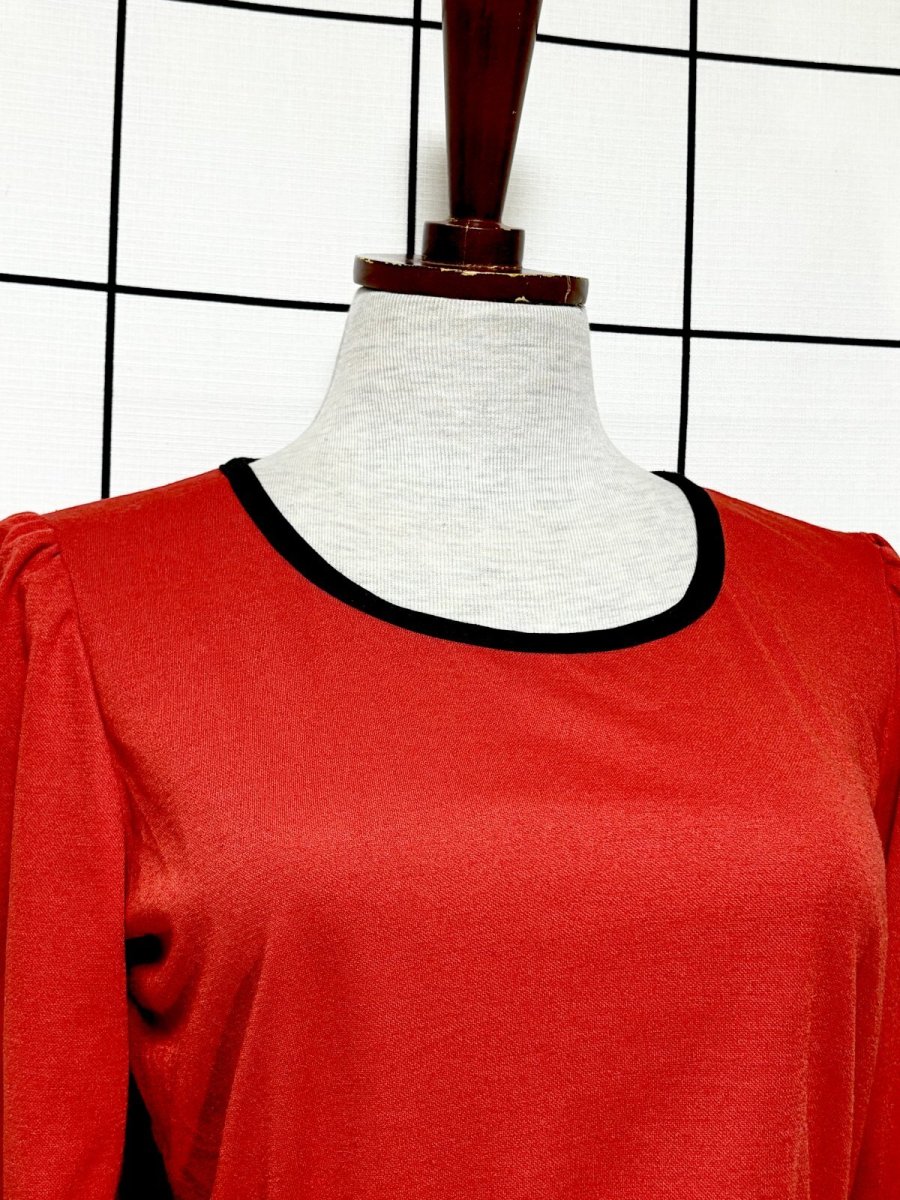 画像5: バイカラー レッド ブラック 袖ボタン TALON ウエストゴム レトロ USA古着 ヴィンテージワンピース (5)