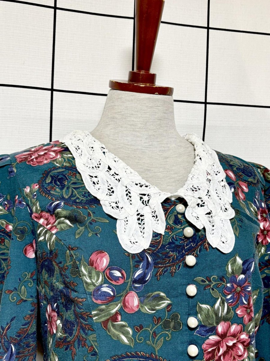 画像6: レース襟 花柄 グリーン レイヤード調 バックリボン レトロ USA古着 ヴィンテージワンピース (6)