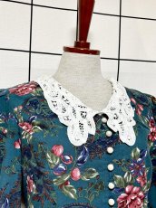 画像6: レース襟 花柄 グリーン レイヤード調 バックリボン レトロ USA古着 ヴィンテージワンピース (6)