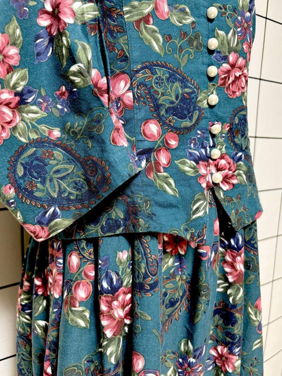 画像8: レース襟 花柄 グリーン レイヤード調 バックリボン レトロ USA古着 ヴィンテージワンピース (8)