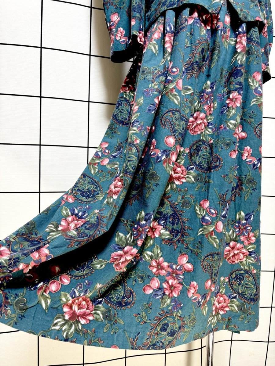 画像10: レース襟 花柄 グリーン レイヤード調 バックリボン レトロ USA古着 ヴィンテージワンピース (10)