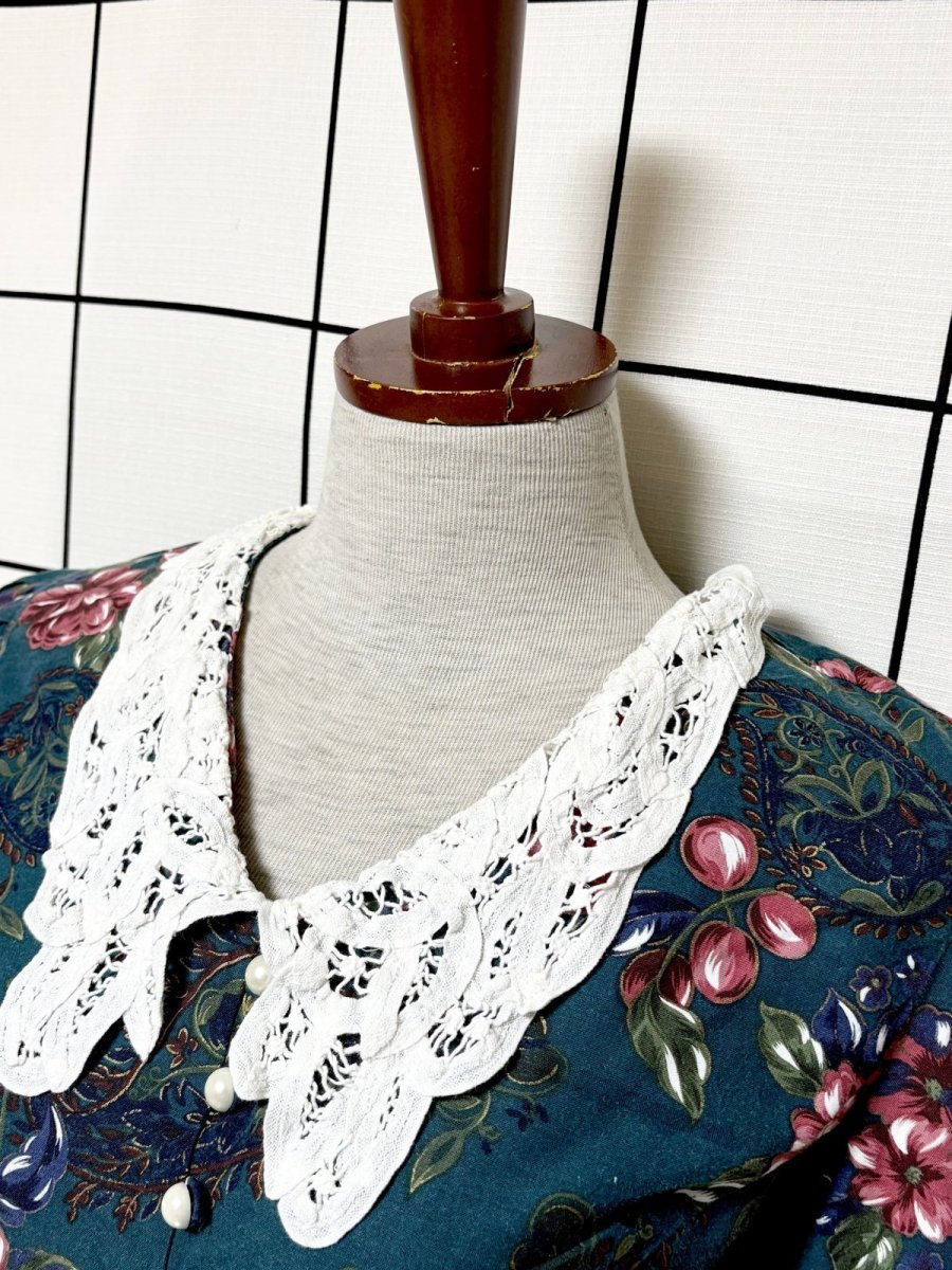 画像5: レース襟 花柄 グリーン レイヤード調 バックリボン レトロ USA古着 ヴィンテージワンピース (5)