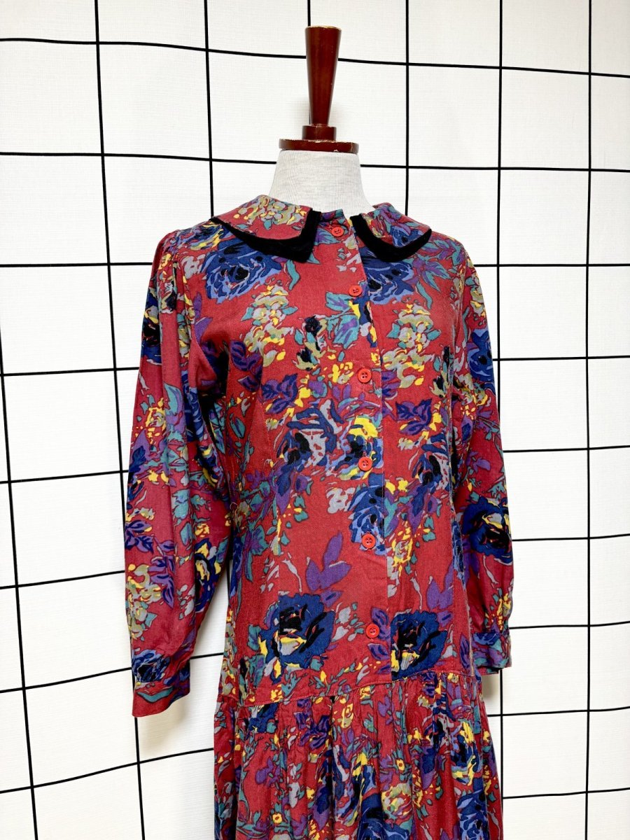 画像3: ダブル襟 花柄 レトロ USA古着 ヴィンテージワンピース (3)