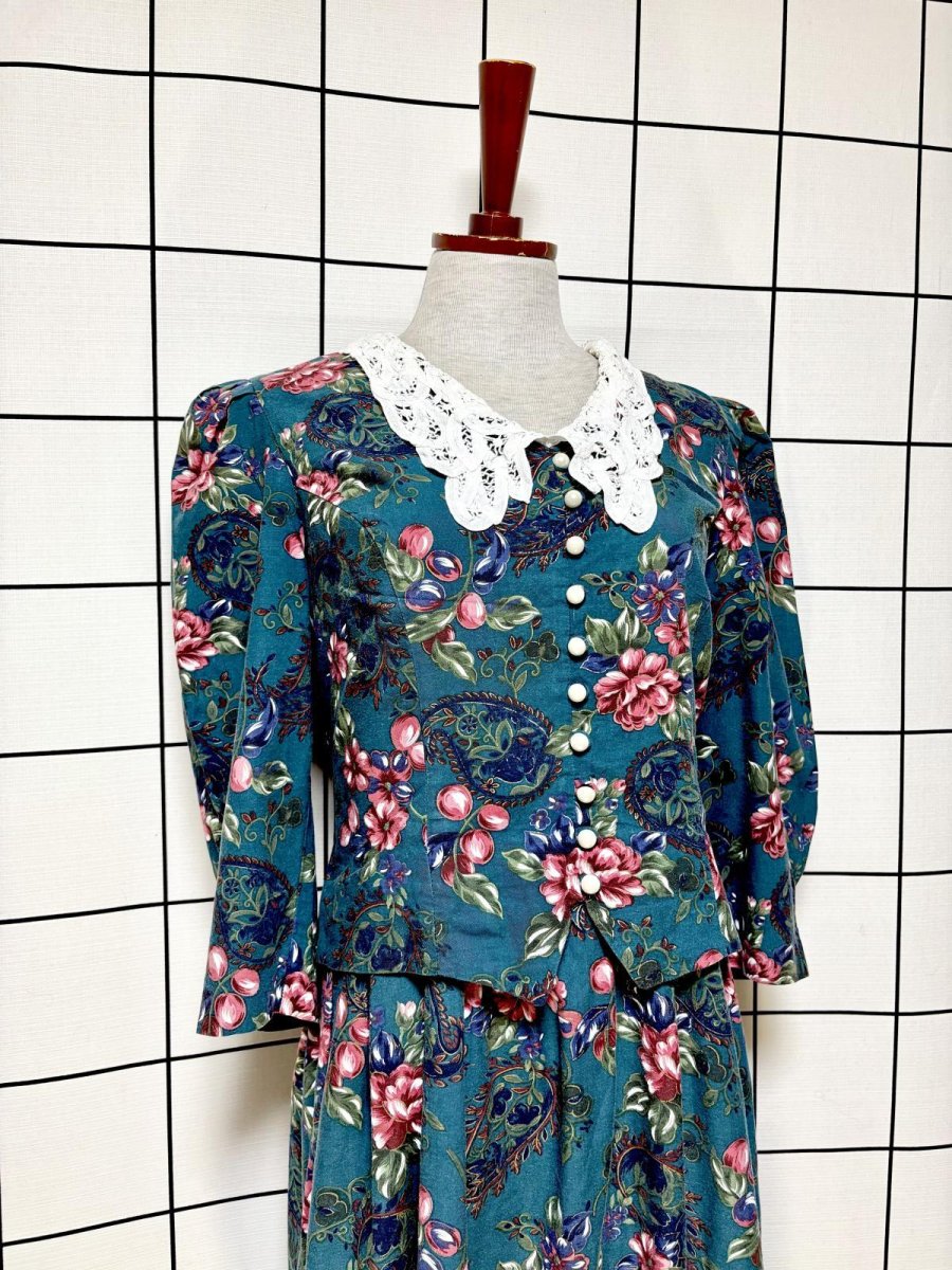 画像4: レース襟 花柄 グリーン レイヤード調 バックリボン レトロ USA古着 ヴィンテージワンピース (4)