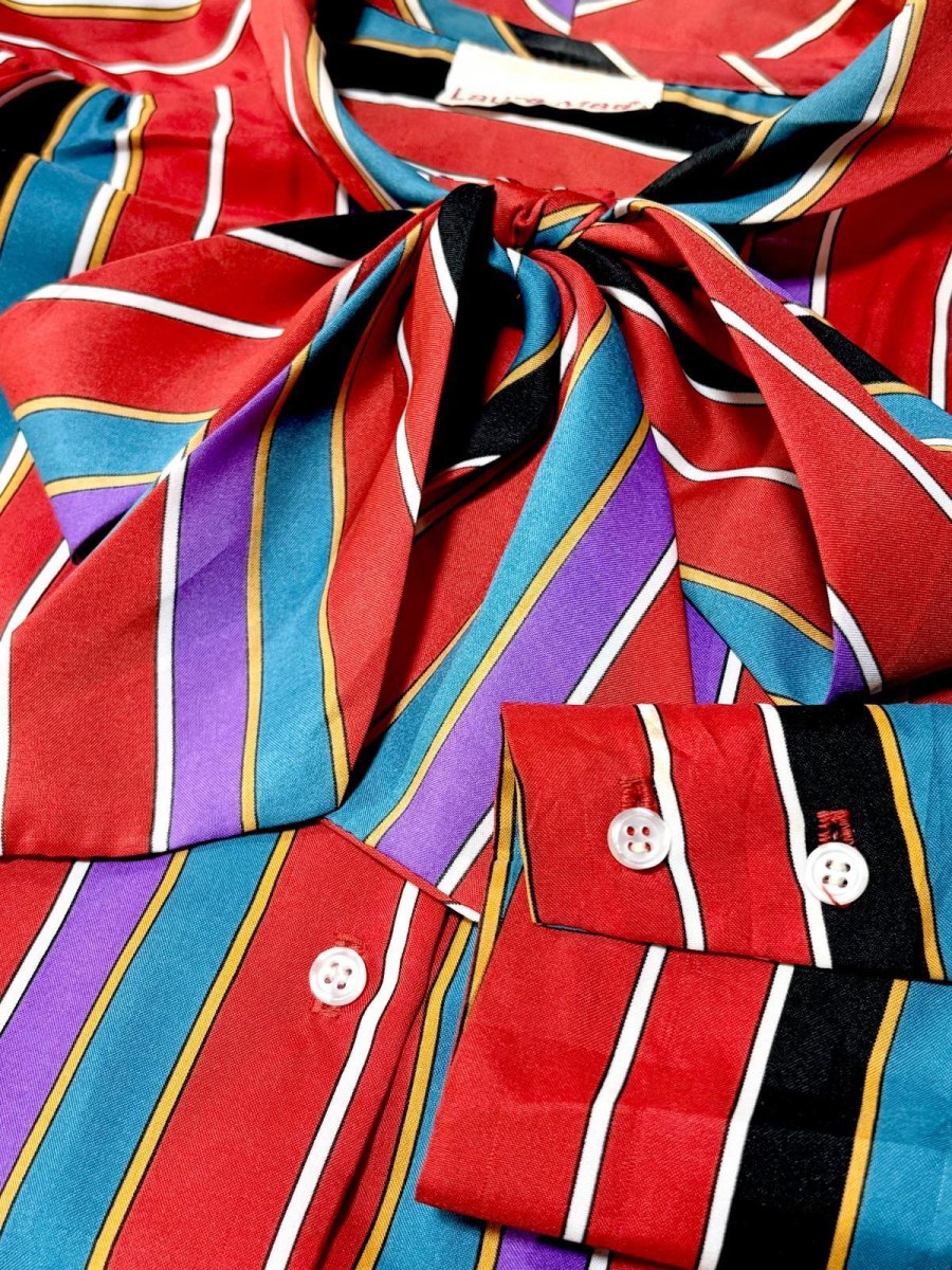 画像8: リボンタイ付 ストライプ レトロ USA古着 シャツ ヴィンテージブラウス (8)