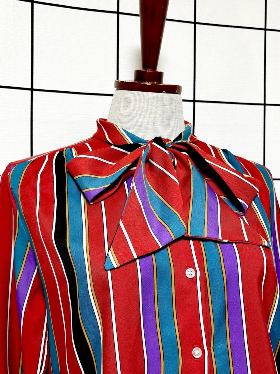 画像5: リボンタイ付 ストライプ レトロ USA古着 シャツ ヴィンテージブラウス (5)