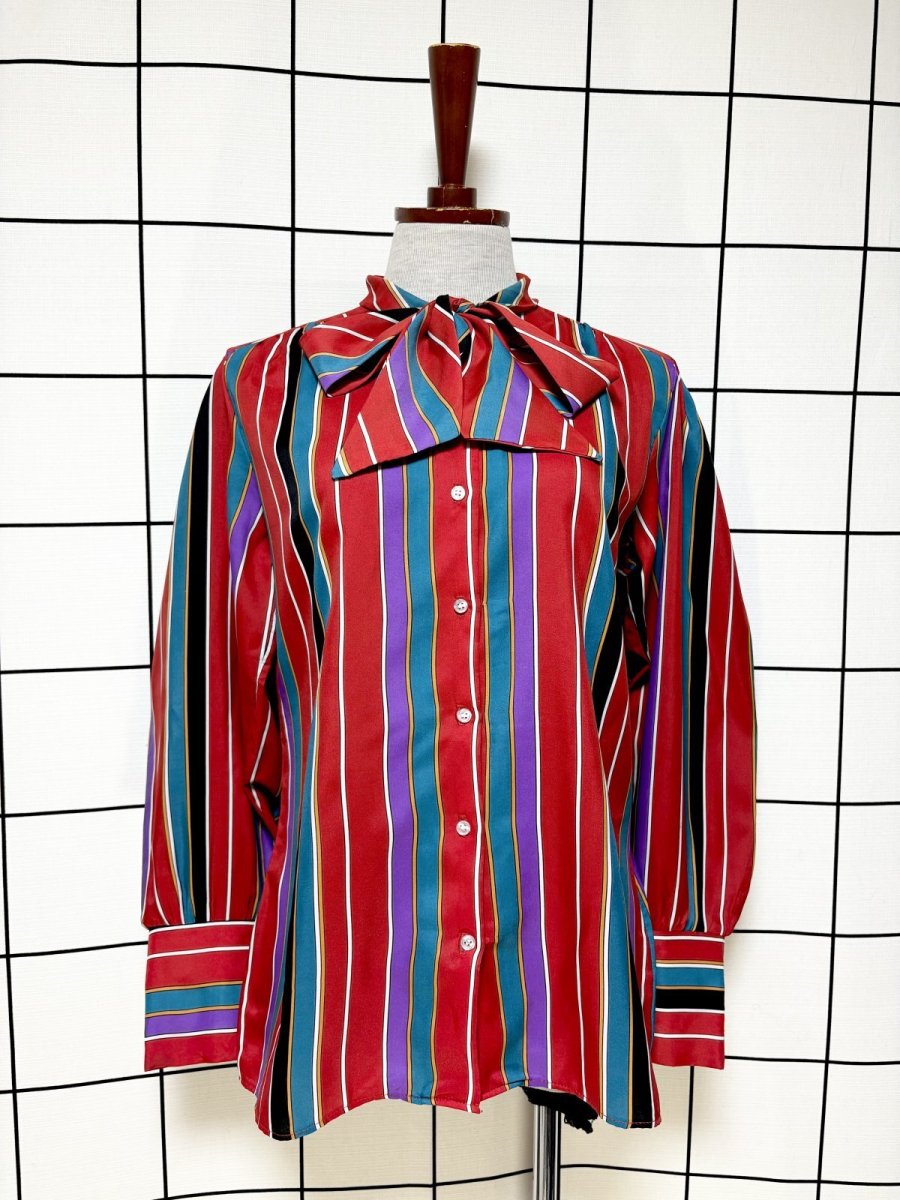 画像1: リボンタイ付 ストライプ レトロ USA古着 シャツ ヴィンテージブラウス (1)