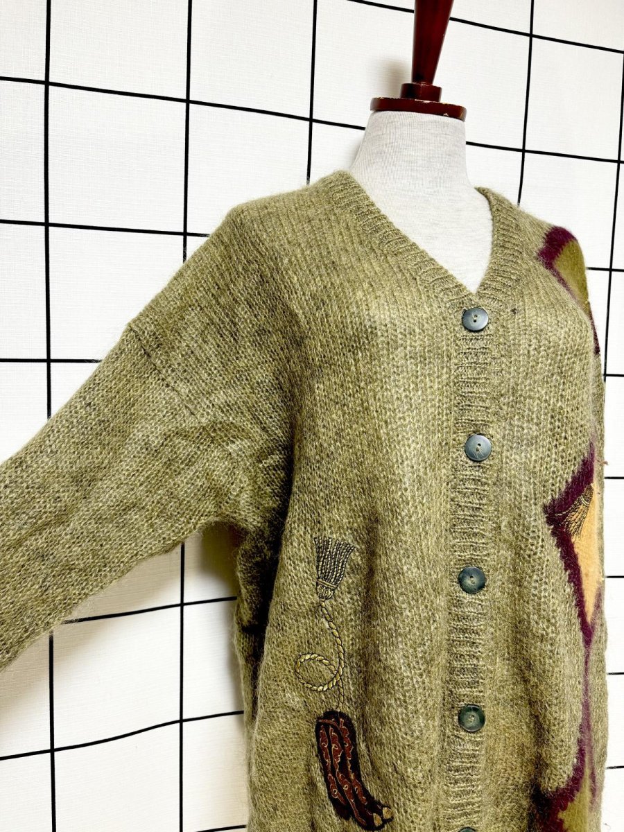 画像6: イタリア製 Italy ハットやブーツ模様編み モヘア レトロ ヨーロッパ古着 ヴィンテージニットカーディガン (6)