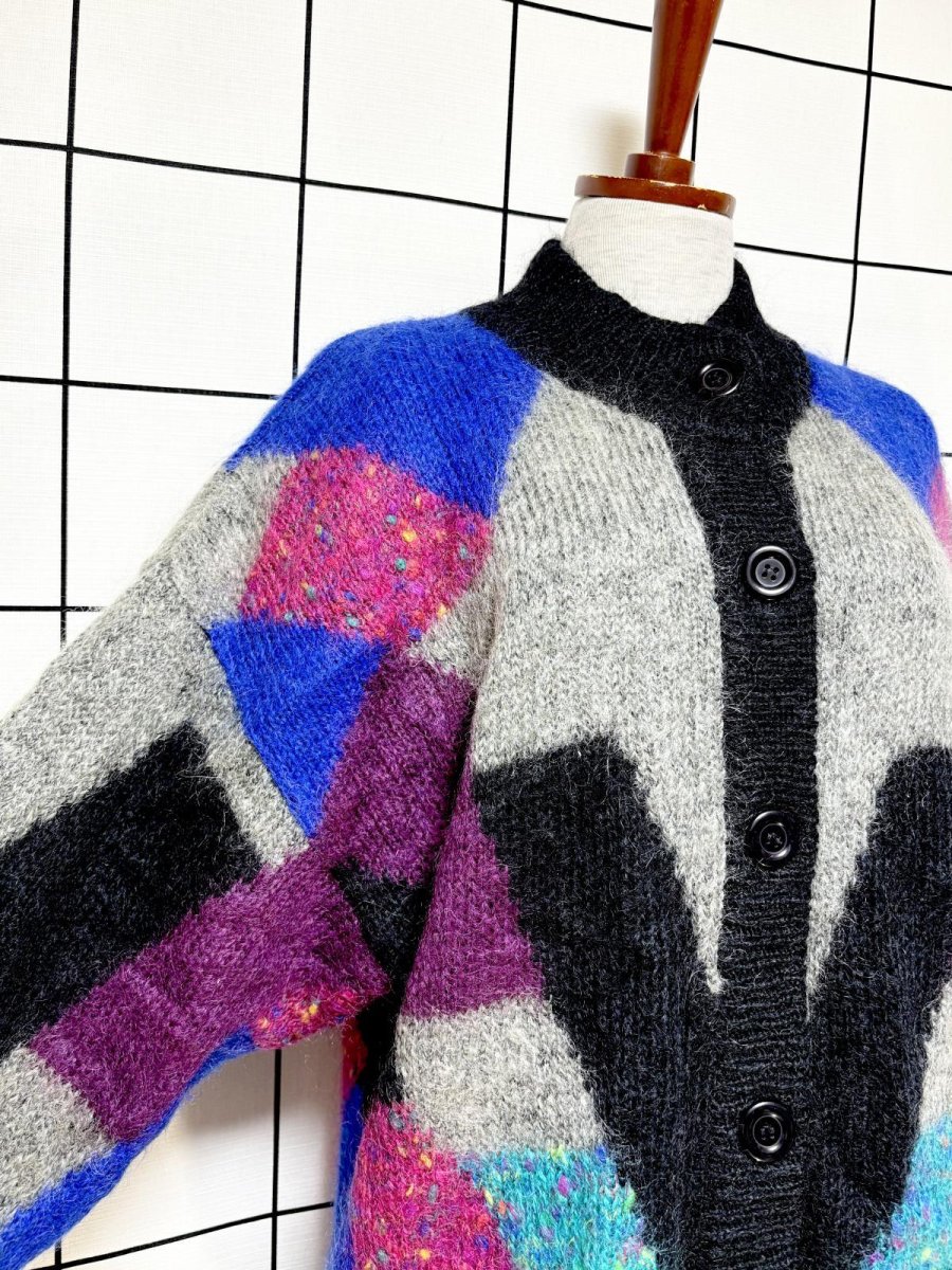 画像6: マルチカラー編み モヘア 裏地付 レトロ ヨーロッパ古着 ヴィンテージニットカーディガン (6)