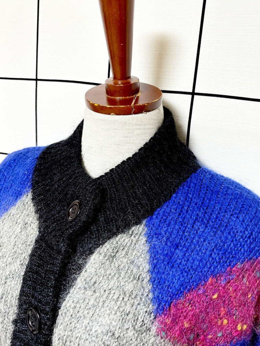 画像4: マルチカラー編み モヘア 裏地付 レトロ ヨーロッパ古着 ヴィンテージニットカーディガン (4)