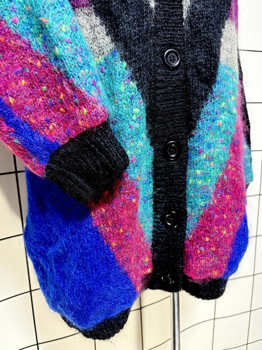 画像7: マルチカラー編み モヘア 裏地付 レトロ ヨーロッパ古着 ヴィンテージニットカーディガン (7)