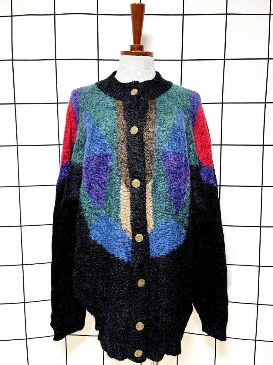 画像1: マルチカラー レトロ ヨーロッパ古着 ヴィンテージニットカーディガン (1)