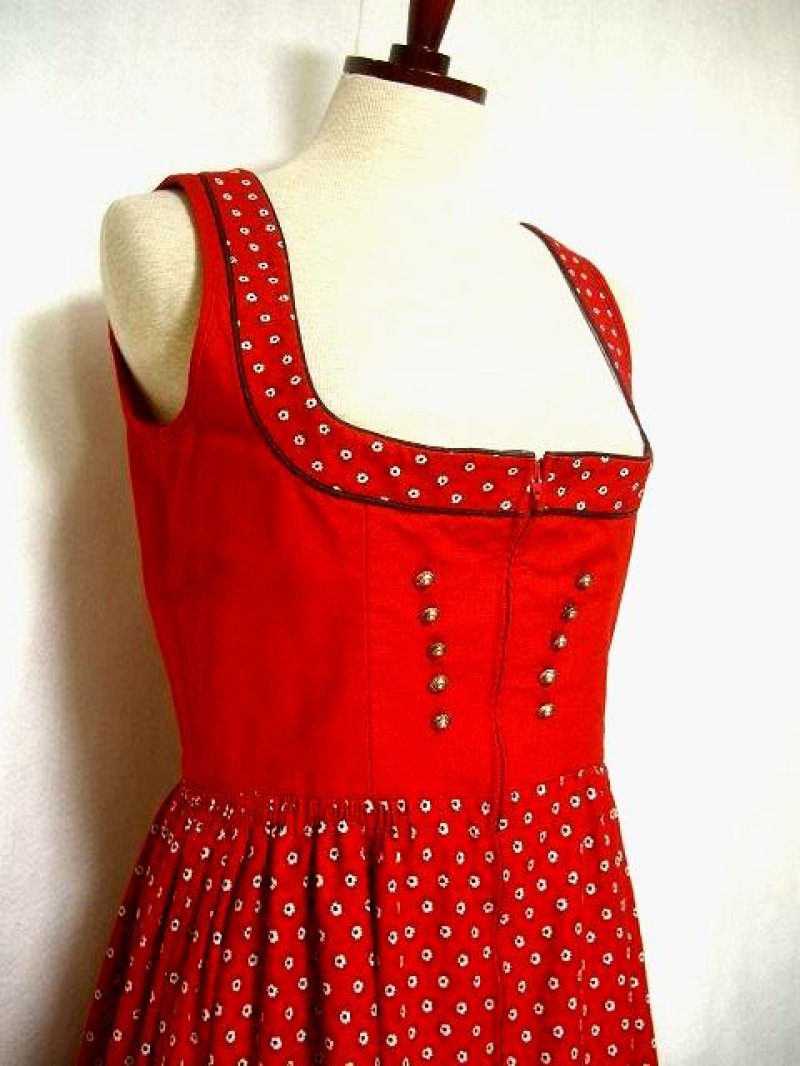 画像1: スカート裾のアンティークフラワー模様 シルエットが綺麗な小花柄 赤  ディアンドル チロルワンピース ドイツ民族衣装 舞台 演奏会 フォークダンス オクトーバーフェスト 【1255】