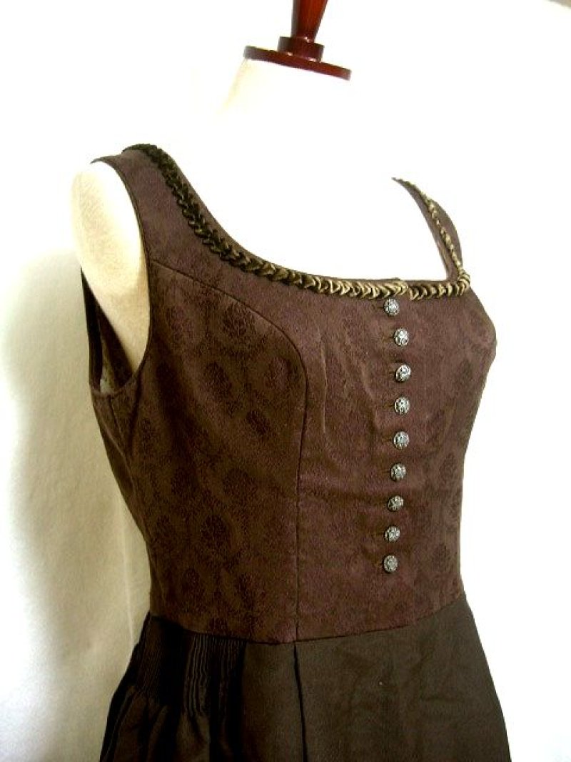 画像1: ベロアの首回り編み模様×フラワー模様が素敵 切替しデザイン ブラウン ディアンドル チロルワンピース ドイツ民族衣装 舞台 演奏会 フォークダンス オクトーバーフェスト 【1308】