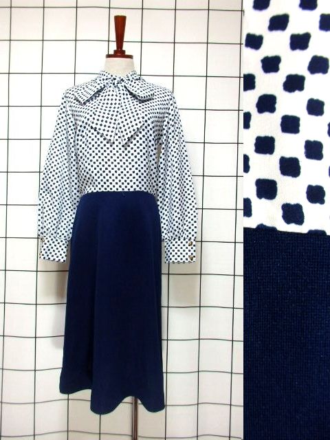 新商品 70's大人モダン×リボンタイ付USAヴィンテージワンピース