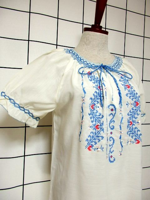 クロスステッチ刺繍 ホワイト 首元リボン 半袖 フォークロア レトロ 