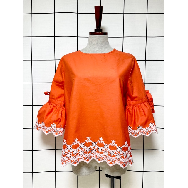 画像1: 刺繍 オレンジ 袖リボン フォークロア ヨーロッパ古着 ヴィンテージブラウス【V8443】 (1)