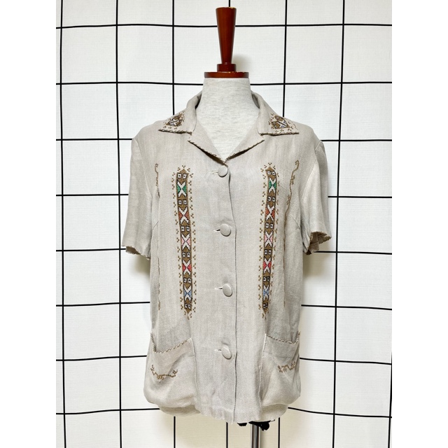 画像1: クロスステッチ刺繍 フォークロア ヨーロッパ古着 半袖 ヴィンテージ 薄手シャツジャケット【V8529】 (1)