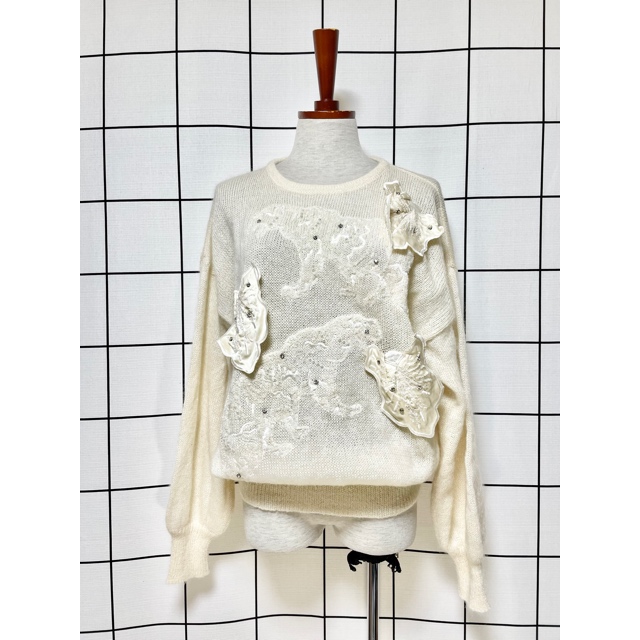 画像1: ヨーロッパ古着 西ドイツ製 アニマル模様編み 刺繍入りパッチ モヘア レトロ ヴィンテージニットセーター (1)