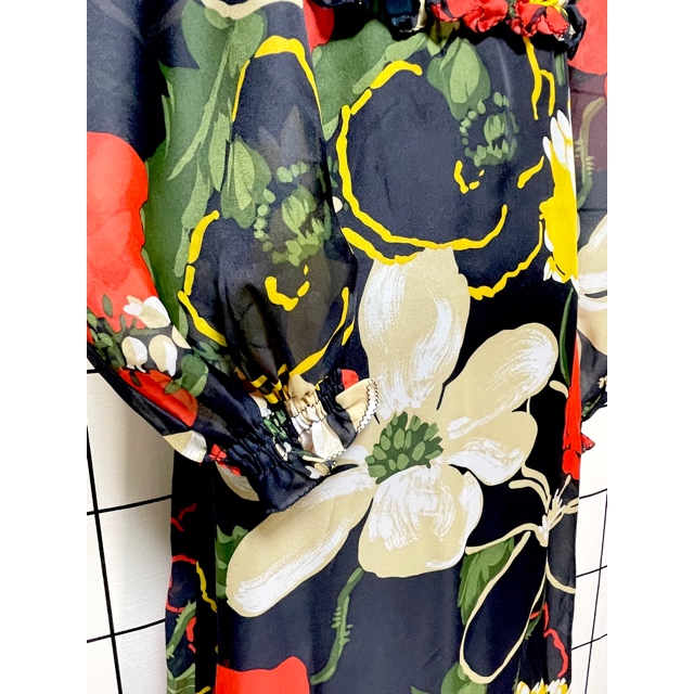 70年代 サイケ 花柄 フリル ハイウエスト ブラック 長袖 衣装