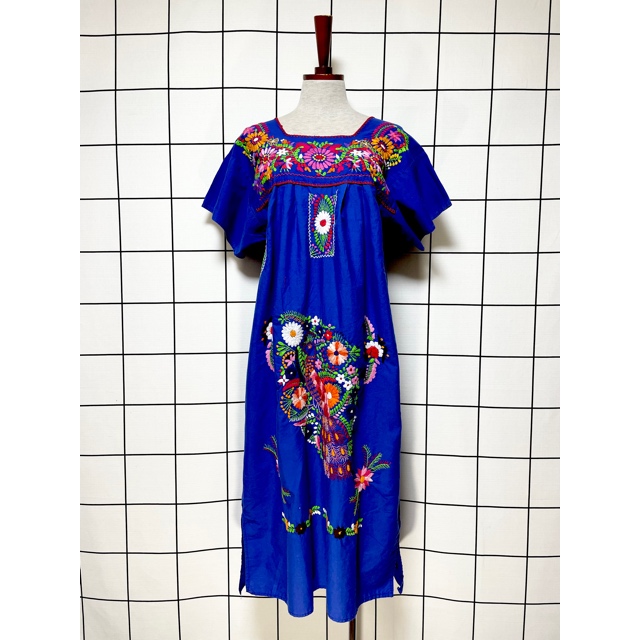 画像1: メキシカン花刺繍ドレス ブルー フォークロア レトロ ヴィンテージ (1)