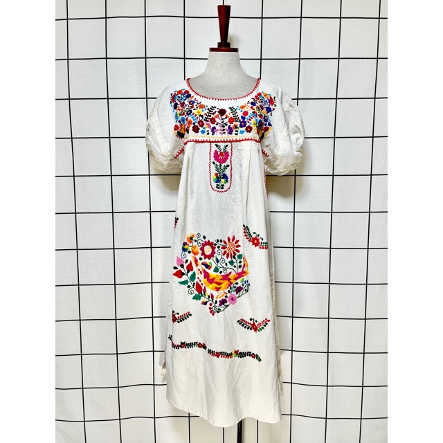 画像1: メキシコ製 鳥刺繍 花刺繍 フォークロア 半袖 レトロ ヴィンテージメキシカンドレス ホワイト 白 (1)
