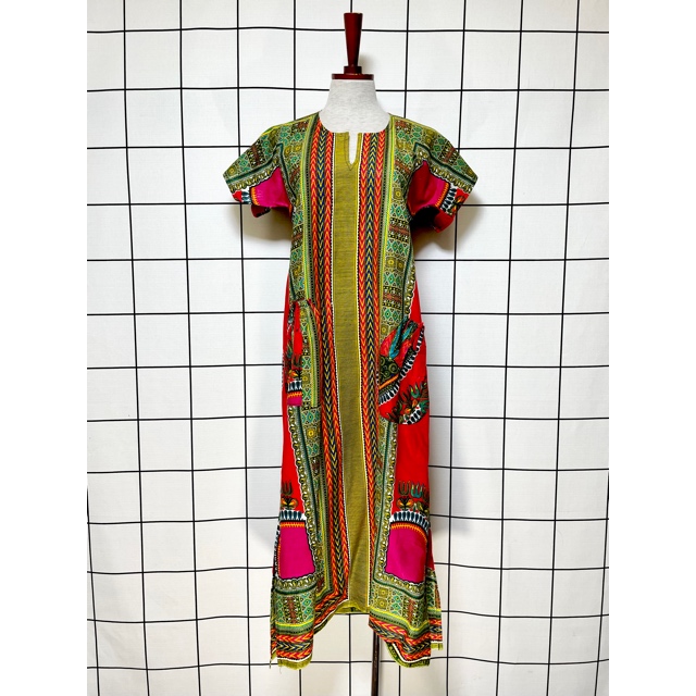 画像1: アフリカンバティックドレス 半袖 ヴィンテージ 古着 エスニック レトロ (1)